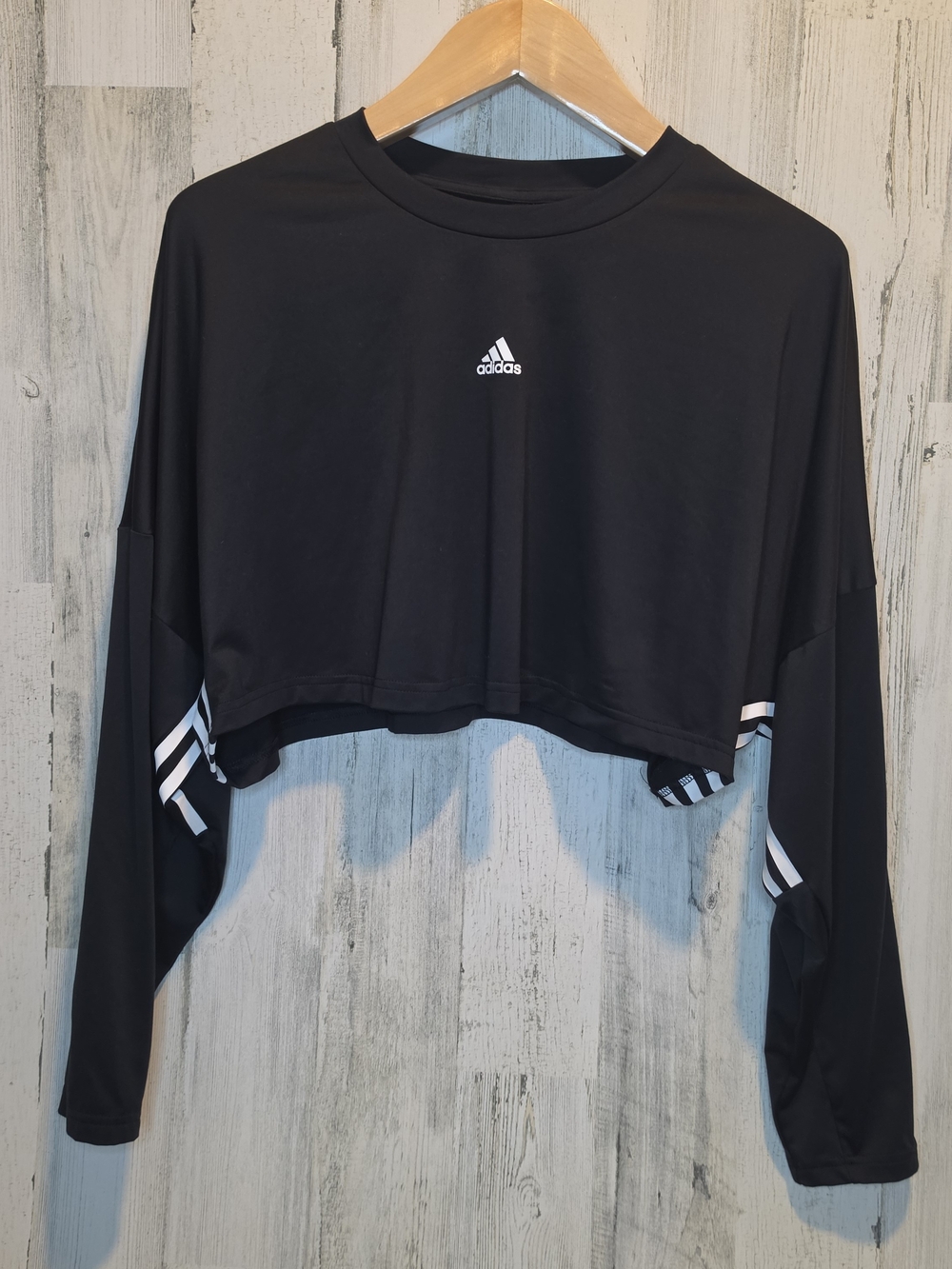 Adidas Women’s Large Black AEROREADY Crop Top Long Sleeve 3 Stripe Athletic